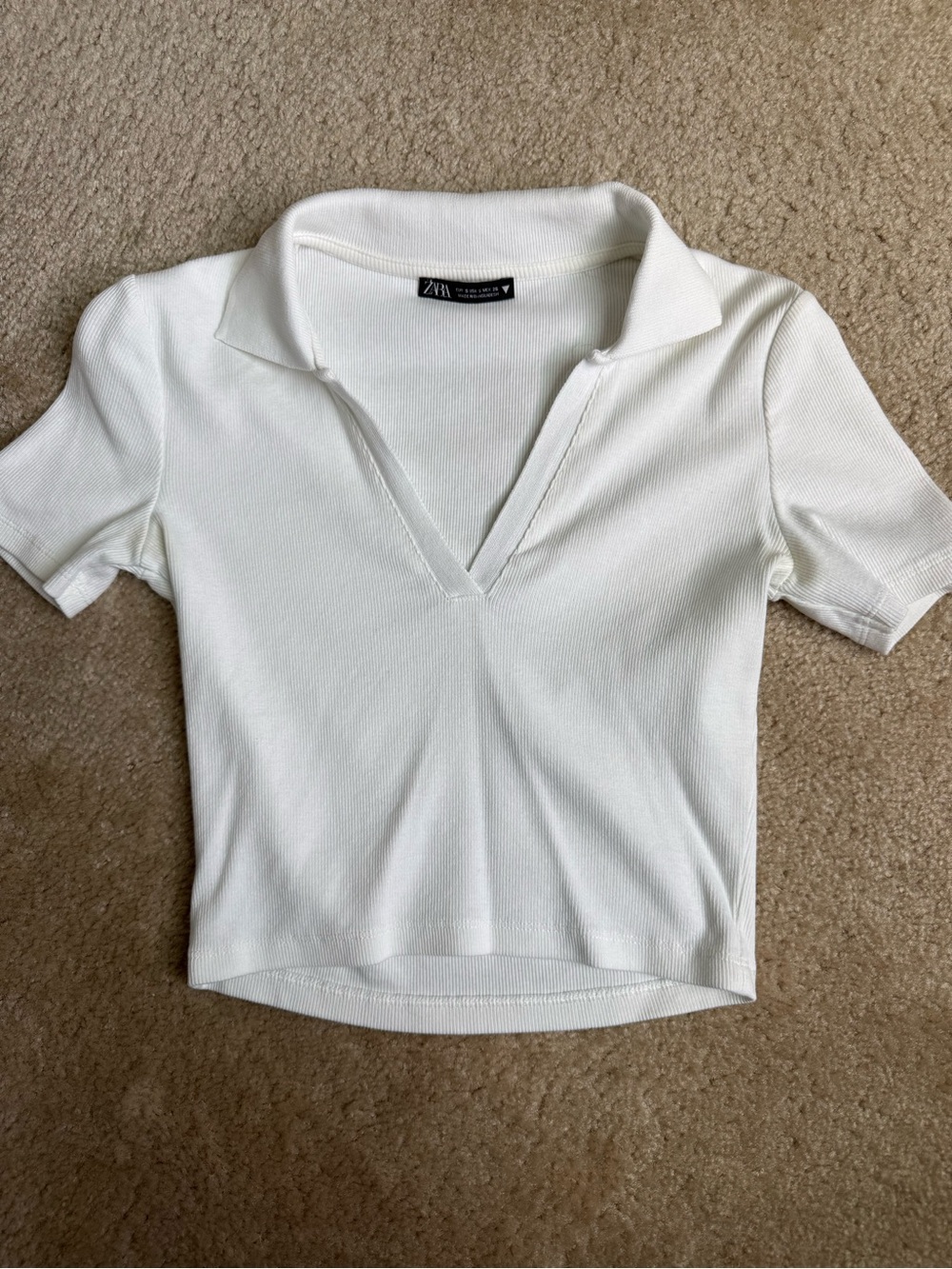 Zara Cream Ribbed Polo Crop Top with Notch V